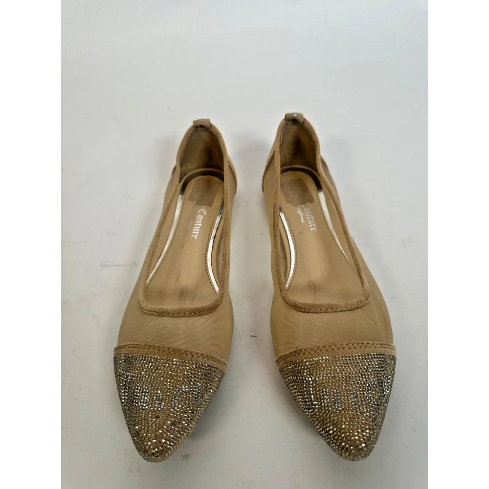 Juicy Couture Rhinestone Logo Mesh Flats Size 10 Nude Pointed Toe Ballet Flats